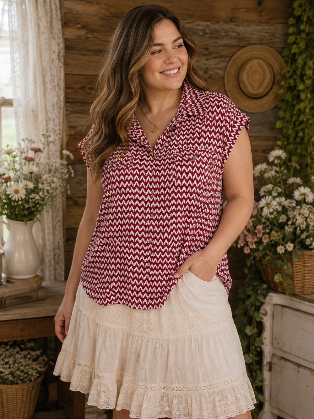 Jachs Girlfriend Red and White Chevron Button-Down Blouse XXL
